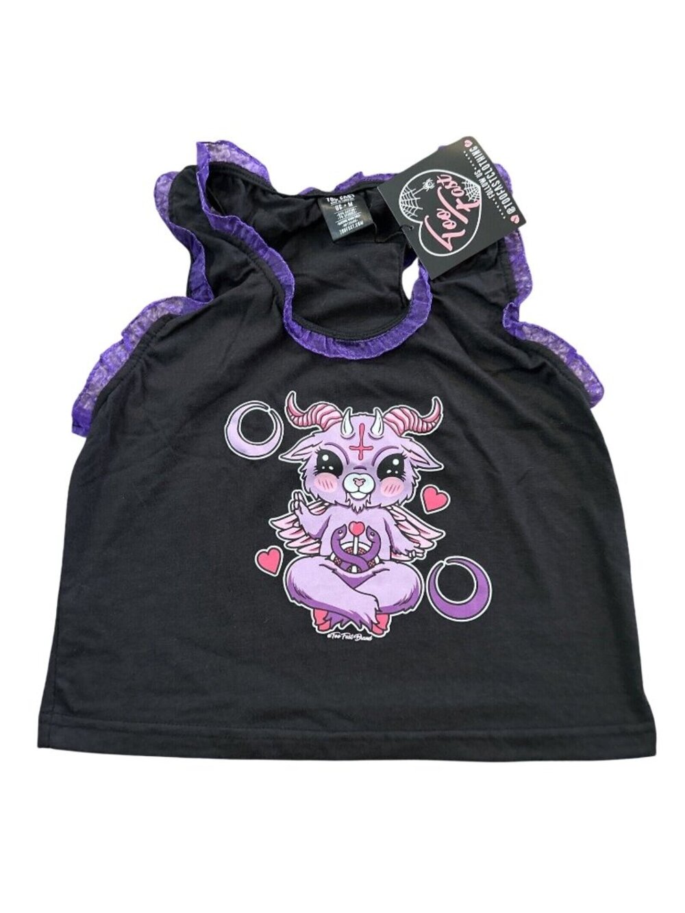 Too Fast Women’s BAPHOMET Black Graphic Crop Top Tank Purple Lace Trim